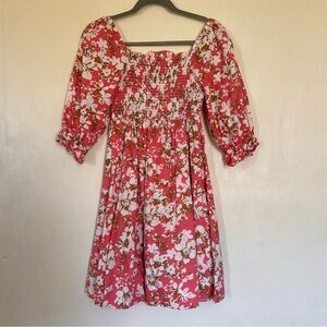 Pink Floral Smocked Mini Dress with Puff Sleeves